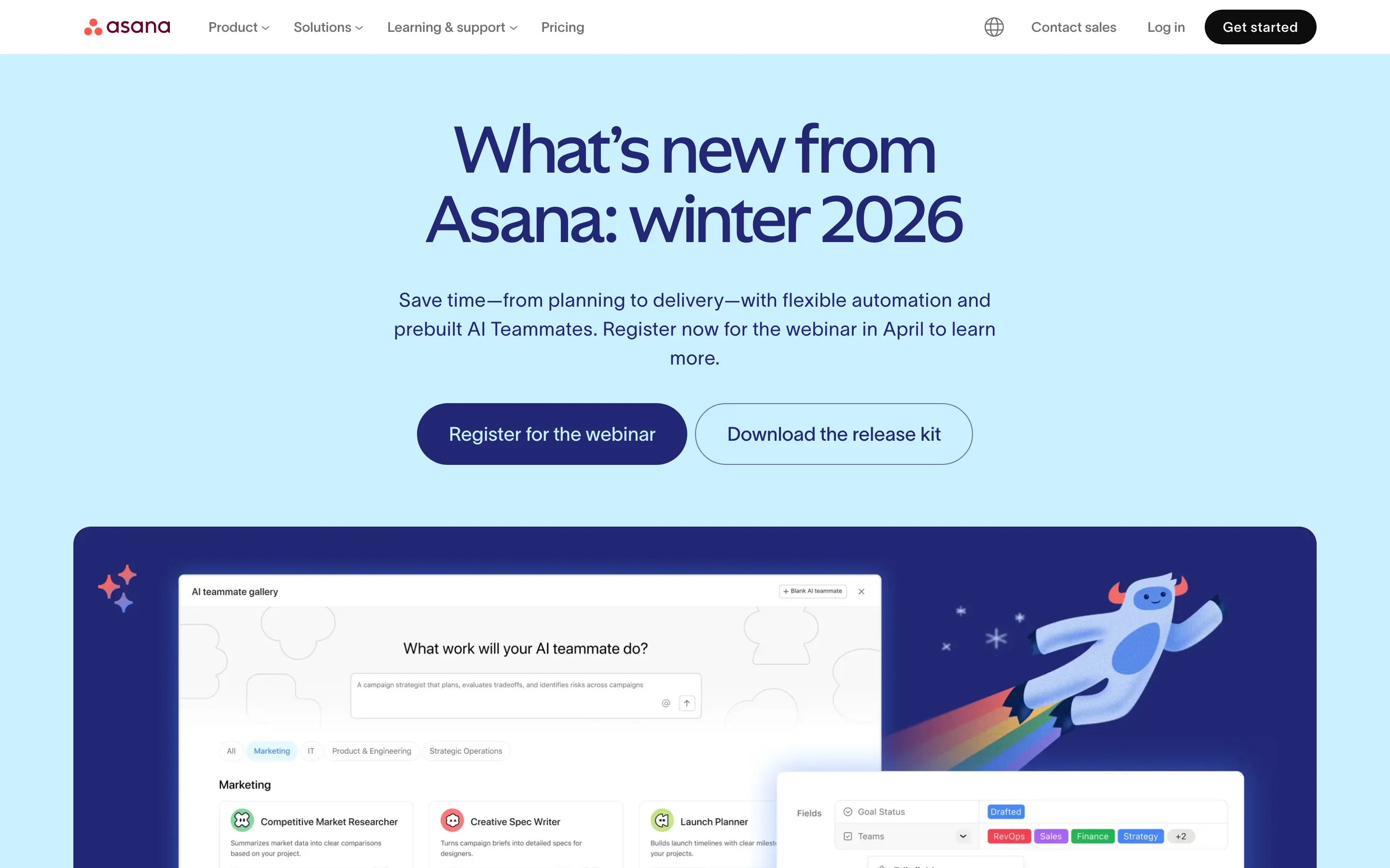 Asana's What's New page with seasonal release highlights and product screenshots