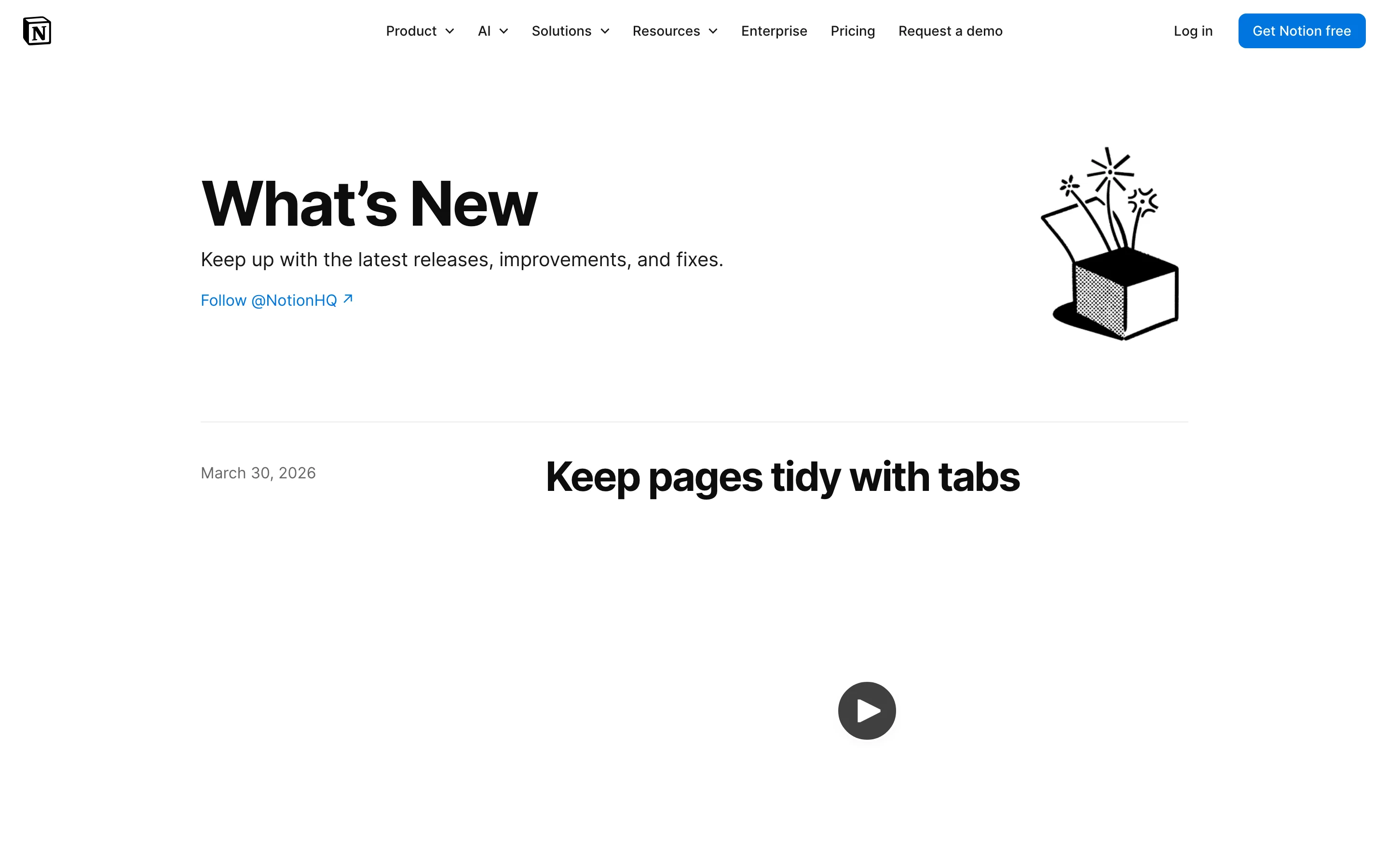 Notion's What's New page with blog-style narrative and embedded media