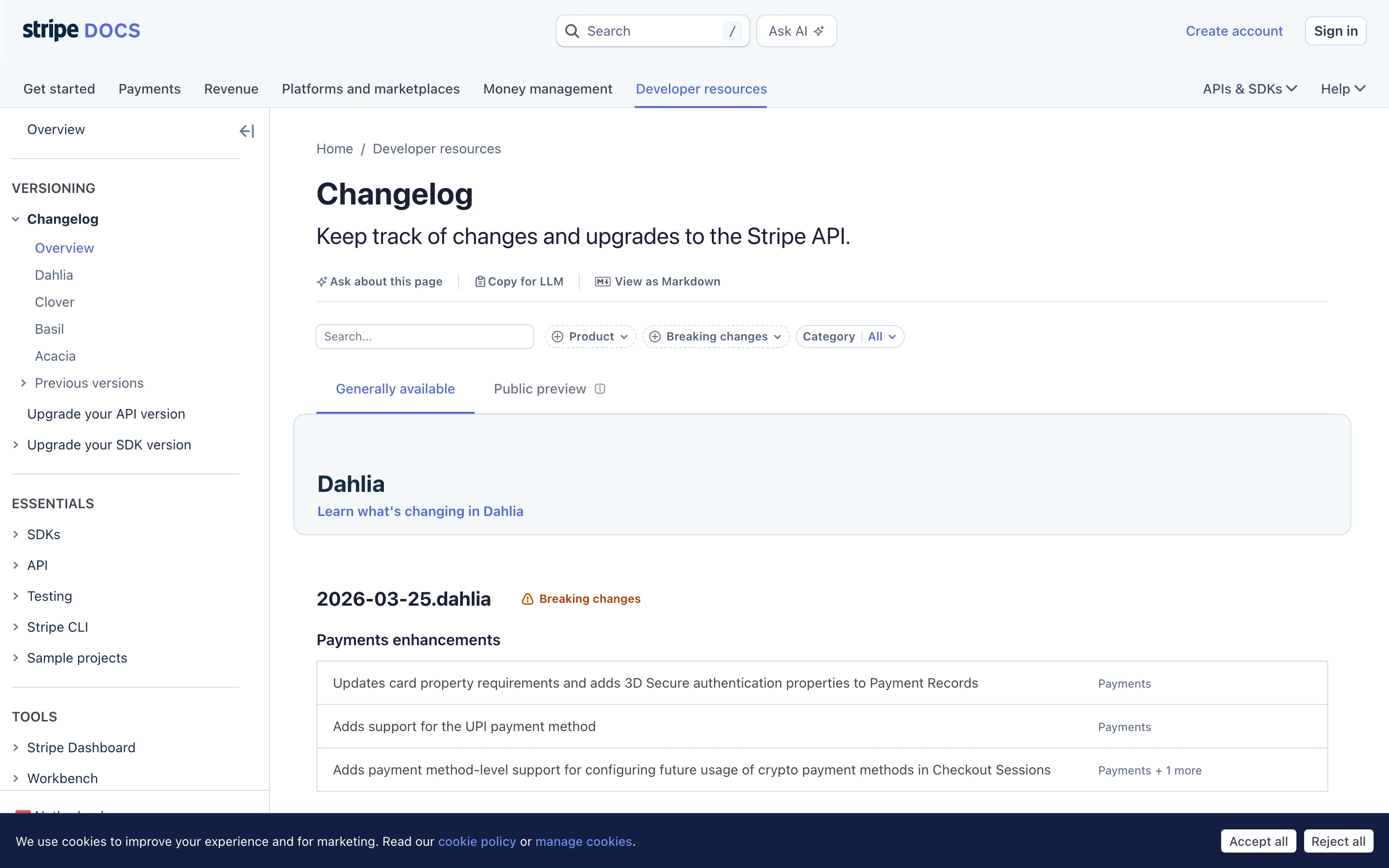 Stripe's API changelog with versioned entries, product filters, and migration details