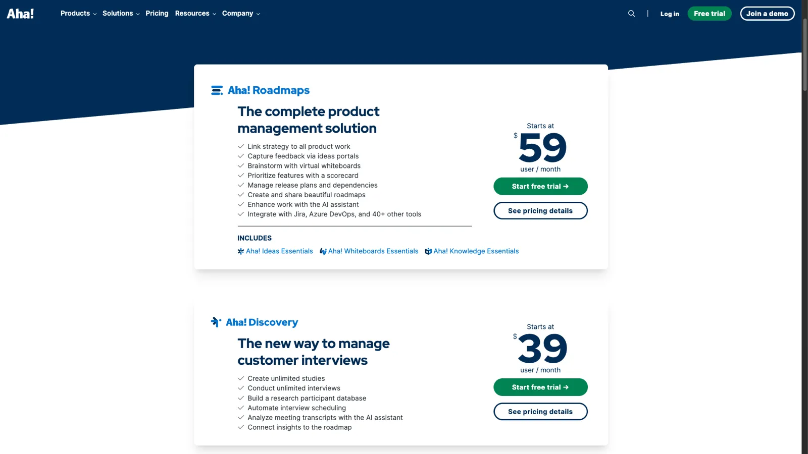 Aha pricing page