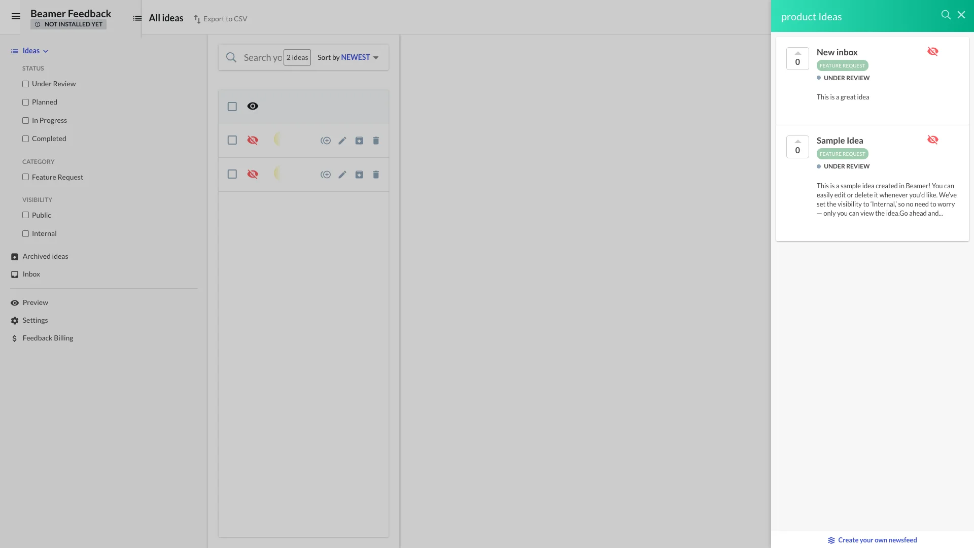 Beamer feedback management software - user feedback board and feature request interface