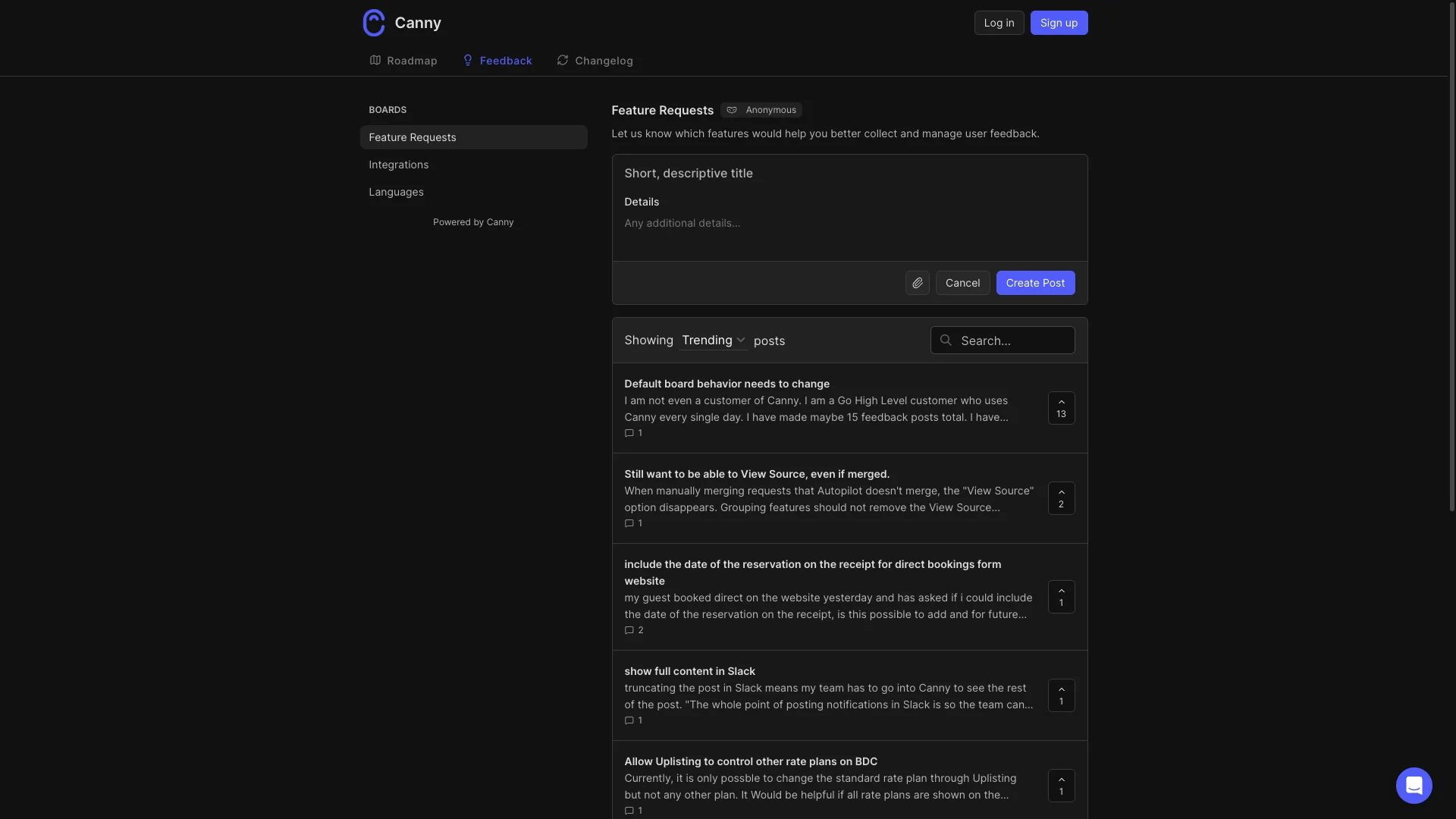 Canny feedback board screenshot