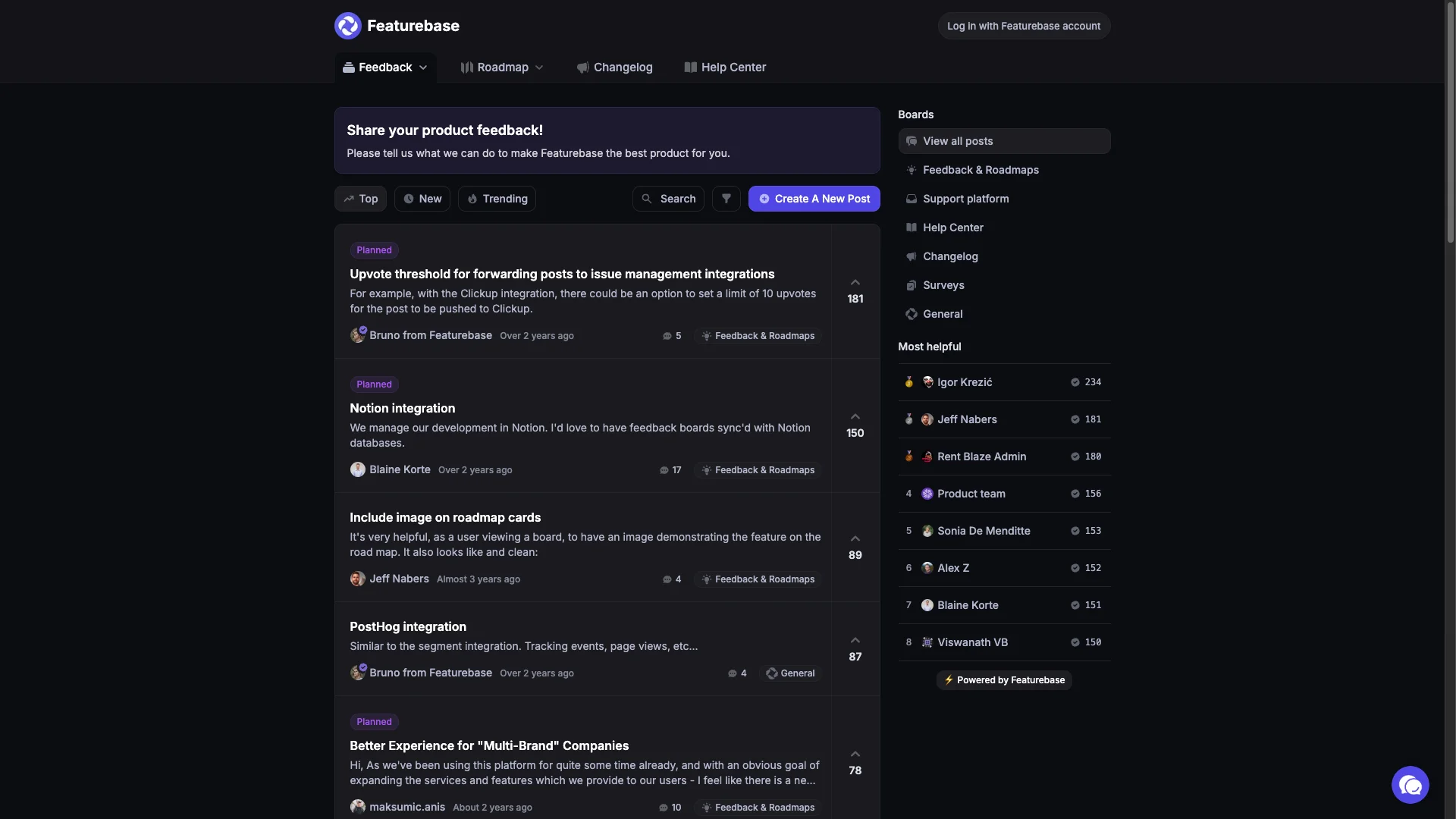 Featurebase feedback board screenshot