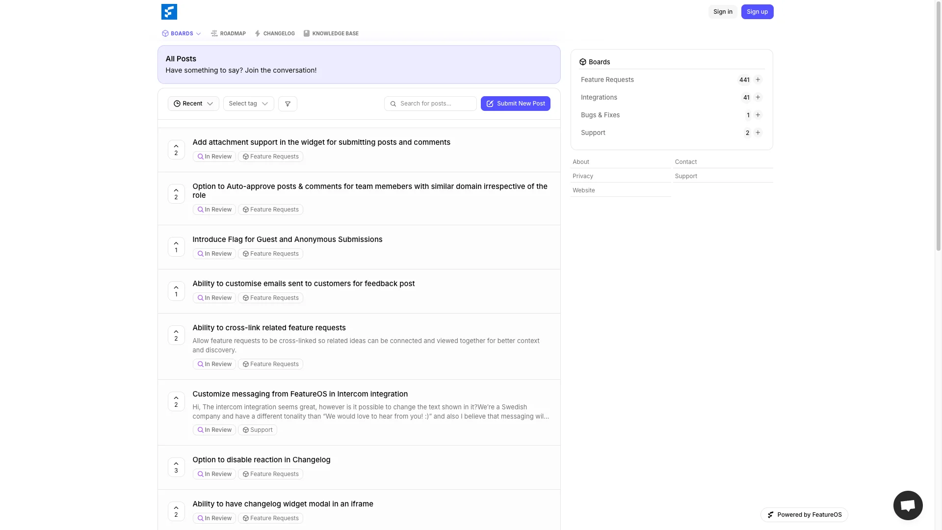 FeatureOS feedback management software - user feedback board and feature request interface