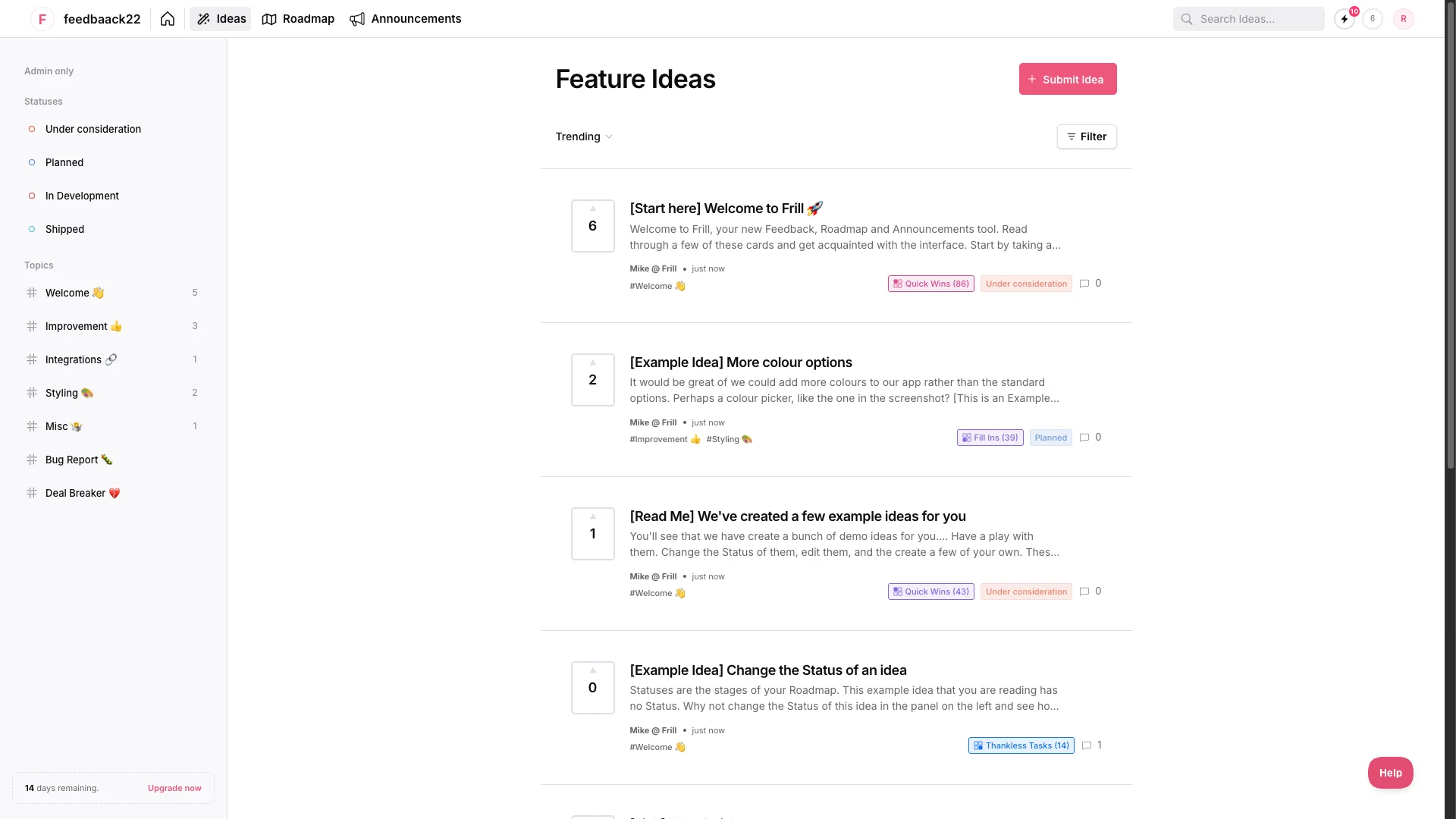 Frill feedback board screenshot