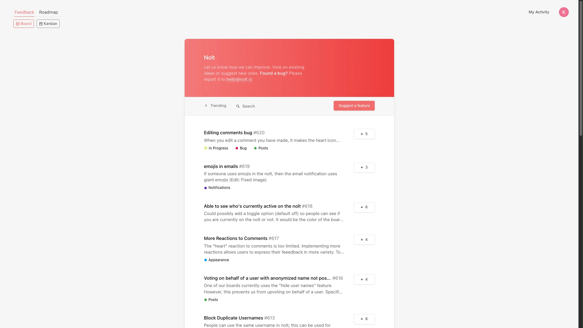 Nolt feedback board screenshot