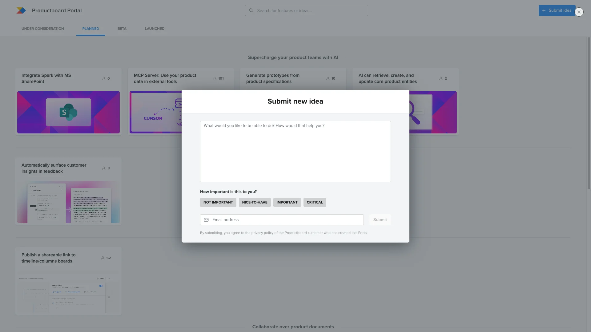 Productboard feedback management software - user feedback collection and roadmap interface