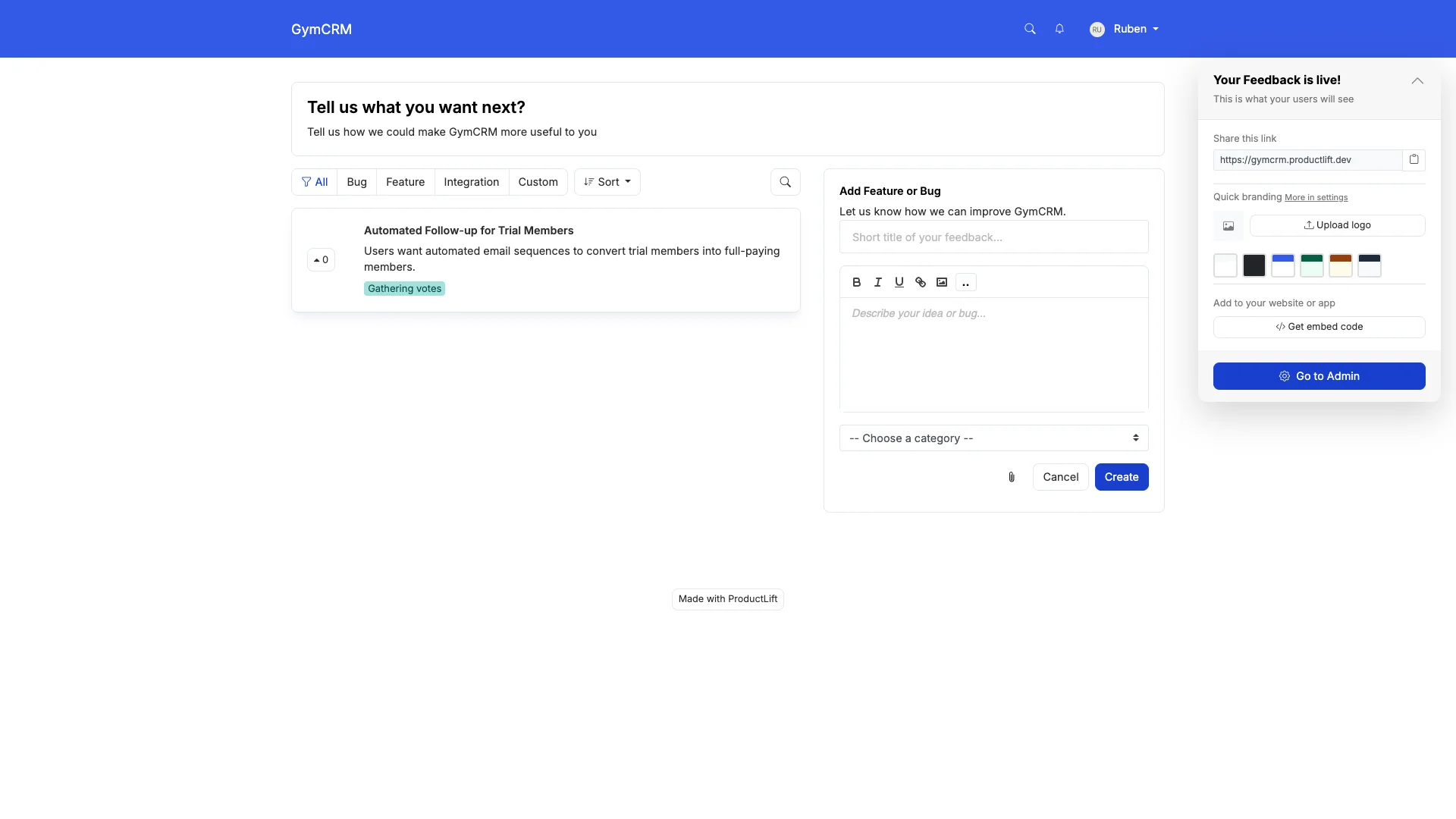ProductLift feature voting board