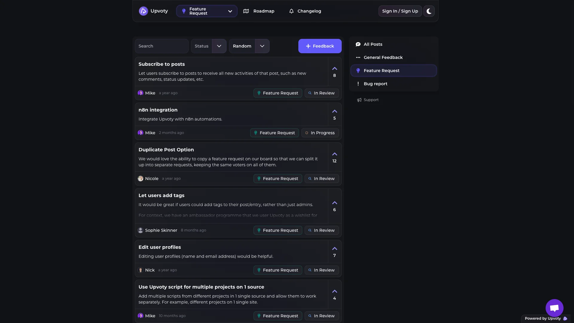 Upvoty feedback board screenshot