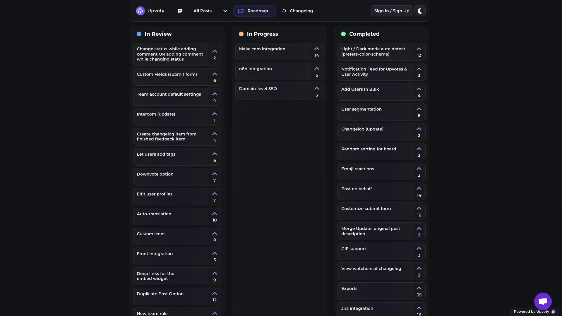 Upvoty public roadmap