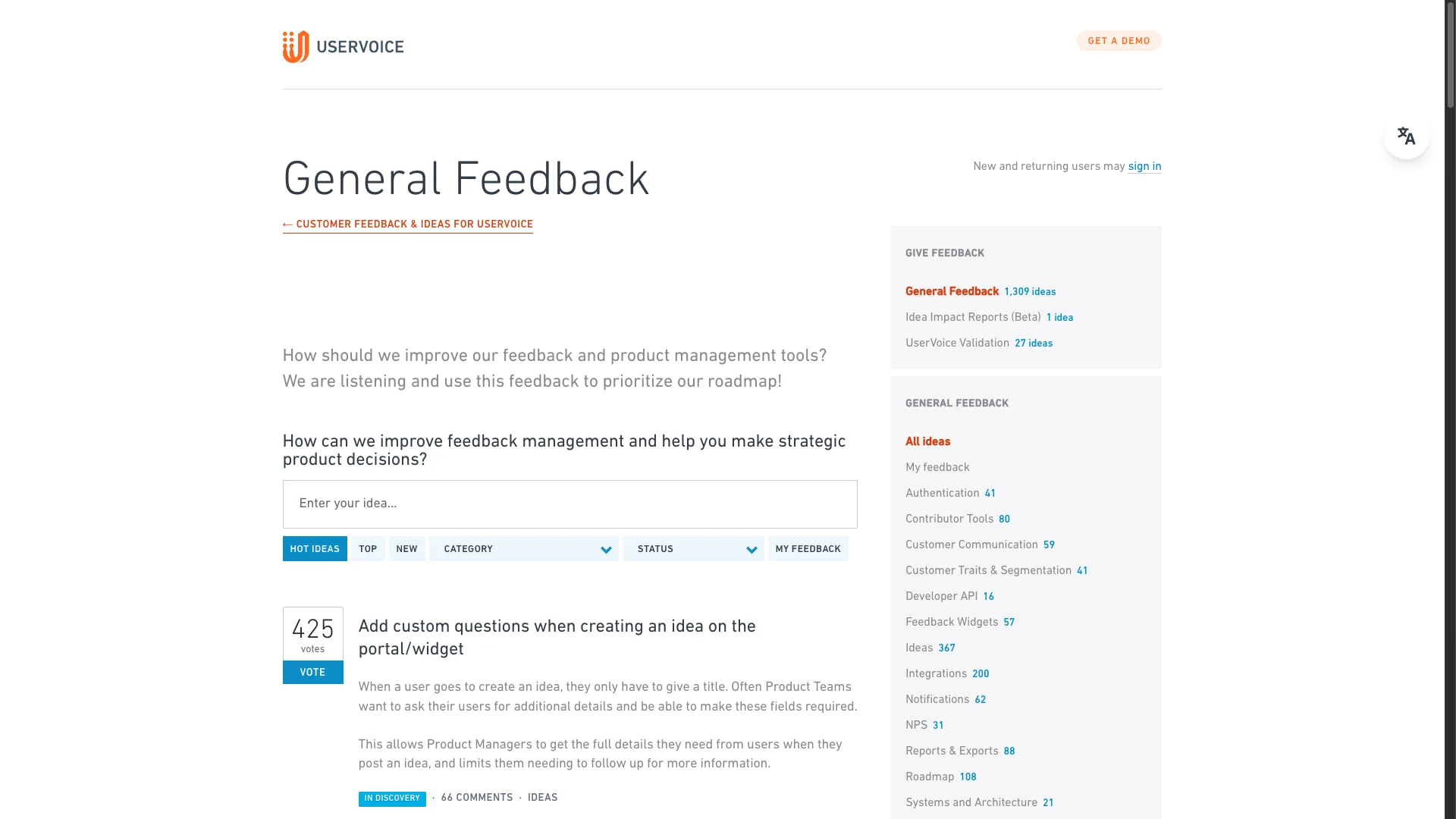UserVoice feedback management software - user feedback board and feature request interface