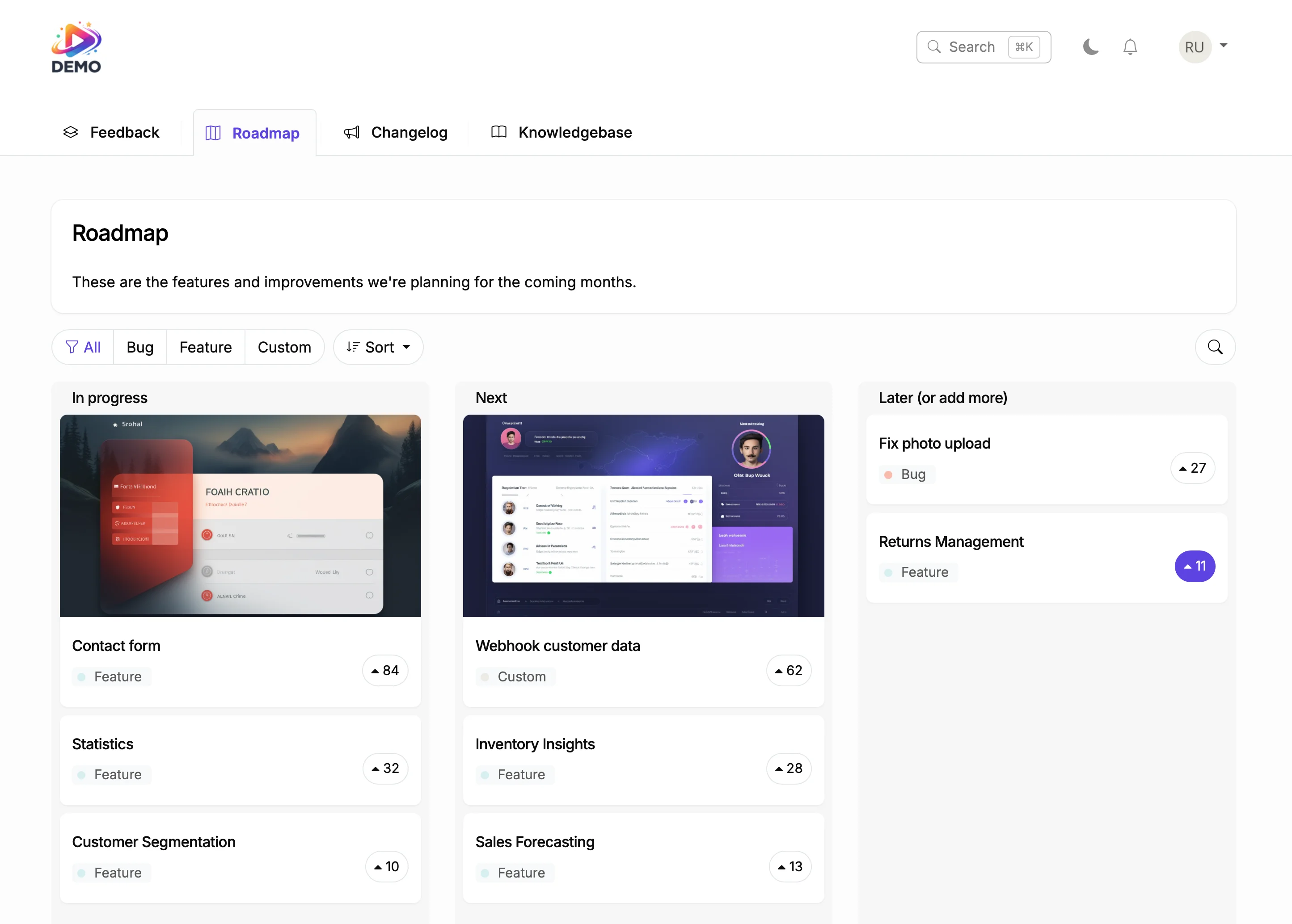 Shopify roadmap with voting and status columns