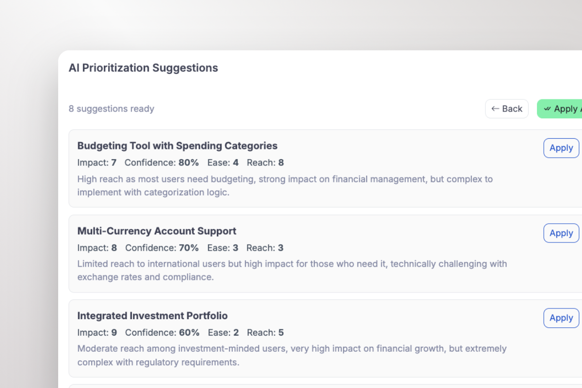 Current ProductLift AI prioritization suggestions with draft factor scores and written rationale